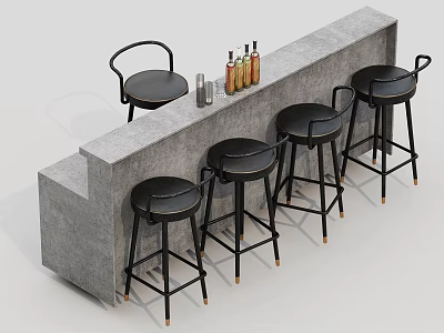 Concrete Bar Counter With Four Black Stools And Bottles In Modern Interior 3d model