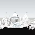 Ornate White Architectural Model With Towers Spires And Intricate Carvings Against Blue Sky And Clouds