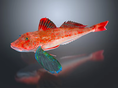 Red Fish With Vibrant Red Body And Green Blue Fins On Dark Background With Reflection 3d model