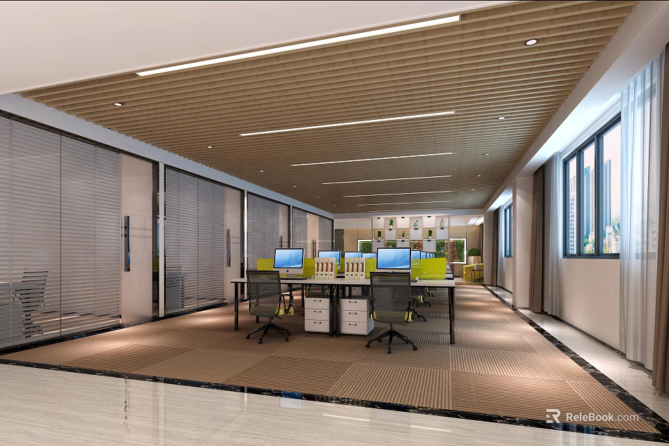 Spacious Modern Public Office Space With Work Desks Computers Large Windows And Wooden Ceiling Panels 3d model
