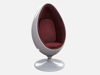 Modern Egg Shaped Single Chair with White Outer Shell and Crimson Red Cushion Round Base Design 3d model