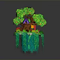 Enchanted Floating Island With Small House Green Tree Red Fruits And Vines
