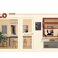 Modern Container Building With Glass Windows Interior Display Counter Wave Pattern And White Chairs