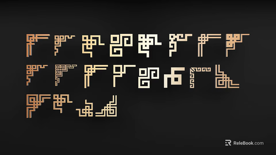 Intricate Golden Carved Decorative Patterns With Geometric Designs On Black Background 3d model 