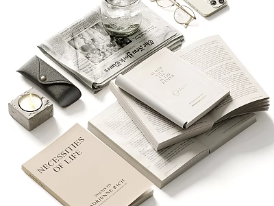 Stylish Decorative Ornament Set With Newspaper Glass Jar Eyeglasses Leather Wallet Candle And Books 3d model