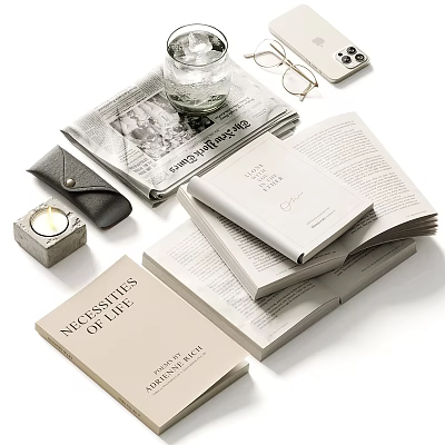 Stylish Decorative Ornament Set With Newspaper Glass Jar Eyeglasses Leather Wallet Candle And Books 3d model