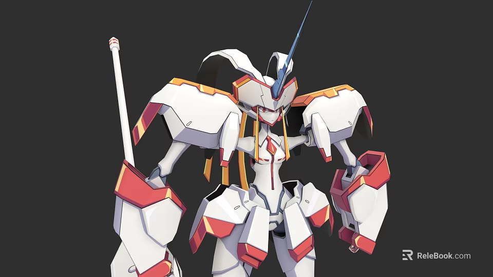 Game Movie Character With Unicorn Horn Stylish Mechanical Design White Red Orange 3d model 