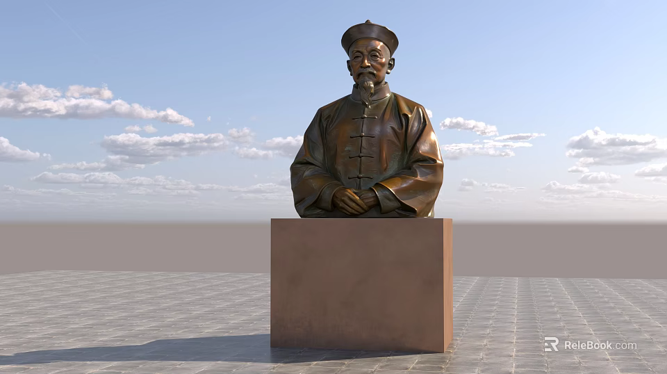 Traditional Bronze Figure Landscape Sculpture On Square Pedestal In Paved Square With Blue Sky 3d model 