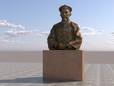 Traditional Bronze Figure Landscape Sculpture On Square Pedestal In Paved Square With Blue Sky 3d model