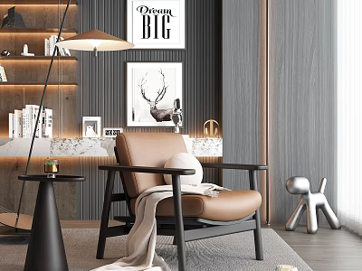Modern Brown Leisure Chair With Light Blanket Black Side Table Floor Lamp And Decorative Paintings 3d model