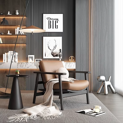 Modern Brown Leisure Chair With Light Blanket Black Side Table Floor Lamp And Decorative Paintings 3d model