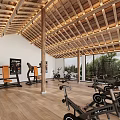 Spacious Fitness Studio With Wooden Ceiling Large Windows And Equipment