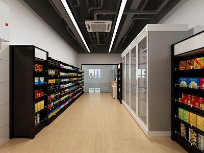 Modern Supermarket Interior With Well Stocked Shelves Refrigerated Cabinets And Wooden Flooring 3d model