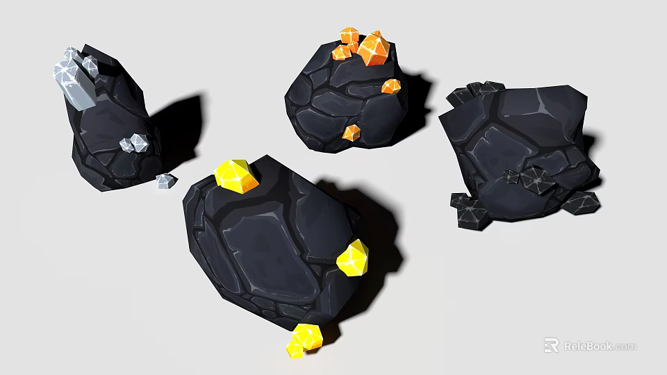 Decorative Ornament Set with Black Stone Like Bases Yellow Orange Gemstone Elements and White Particles 3d model 