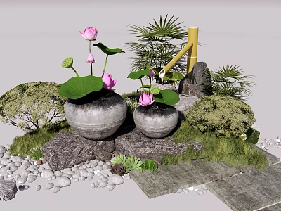New Chinese Landscape Sick Zen Water Bowl Stone Water Tank Lotus Lotus Lotus Leaf Lotus Canopy Water Scene 3d model