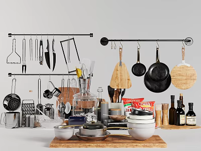 Organized Kitchen Utensils with Hanging Pans Knives Cutting Boards and Spice Bottles 3d model
