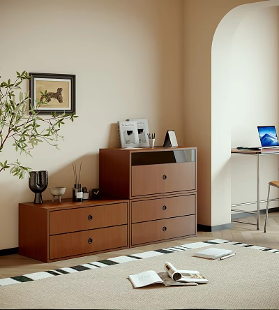 Brown Wooden Decorative Cabinet With Drawers Displaying Magazines Photo Frames And Cups By Green Plant 3d model