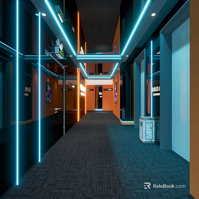 Modern Elevator Corridor Design With Blue Orange Lighting And Carpeted Floor 3d model