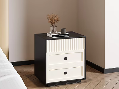 Modern Black and White Wooden Bedside Table with Two Drawers Dried Flower Vase and Books 3d model