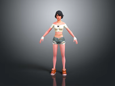 A Woman With Short Hair Wearing Crop Top Denim Shorts White Gloves And Orange Sandals 3d model