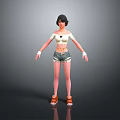 A Woman With Short Hair Wearing Crop Top Denim Shorts White Gloves And Orange Sandals