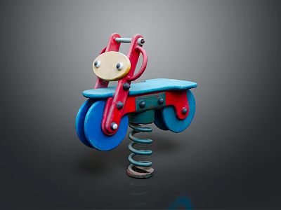 Colorful Children's Train Shaped Spring Rider With Blue Wheels And Red Frame 3d model