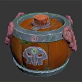 Orange Decorative Barrel With Silver Rim Red Top Skull Design And Pink Rope