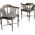 Vintage Wooden Leisure Chairs With Curved Backrest Armrests And Checkered Cushion