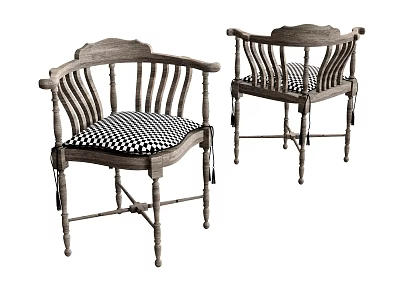 Vintage Wooden Leisure Chairs With Curved Backrest Armrests And Checkered Cushion 3d model