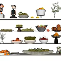Assorted Fresh Fruits Displayed on Shelves with Various Bowls and Platters