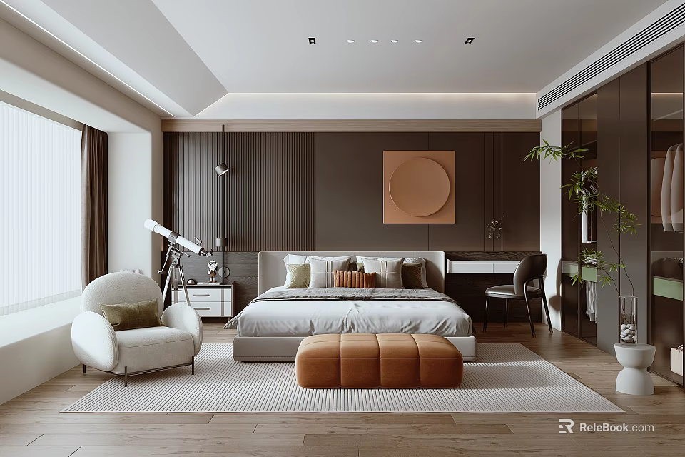 Modern Bedroom Interior With Large Bed Accent Chair Ottoman Wooden Flooring And Decorative Painting 3d model 