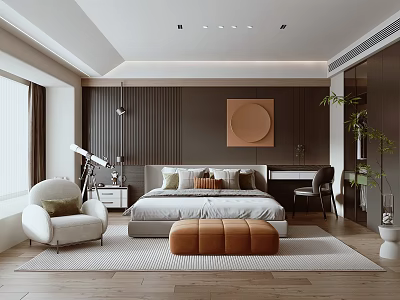 Modern Bedroom Interior With Large Bed Accent Chair Ottoman Wooden Flooring And Decorative Painting 3d model