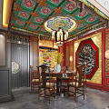 Chinese Classical Private Dining Room With Painted Ceiling Carved Red Gold Walls And Chandelier