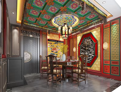 Chinese Classical Private Dining Room With Painted Ceiling Carved Red Gold Walls And Chandelier 3d model