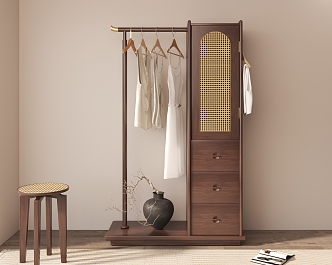 New Chinese Walnut Coat Rack Wardrobe Hanger Clothes Stool 3d model