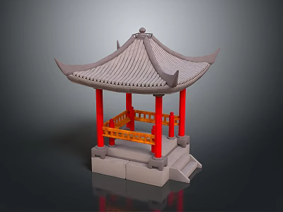 Traditional Chinese Pavilion with Red Pillars Gray Tiled Roof Yellow Railings and Stone Steps 3d model