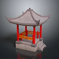Traditional Chinese Pavilion with Red Pillars Gray Tiled Roof Yellow Railings and Stone Steps