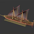 Ancient Trireme Watercraft With Wooden Sails Oars And Decorative Prow