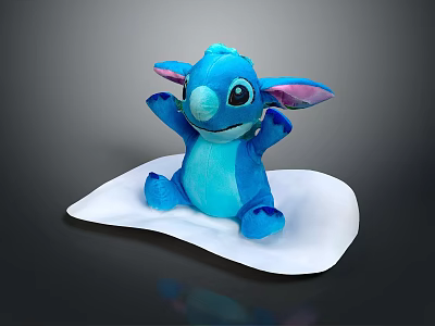 Cute Blue Stitch Plush Doll With Pink Ears Sitting On White Mat 3d model