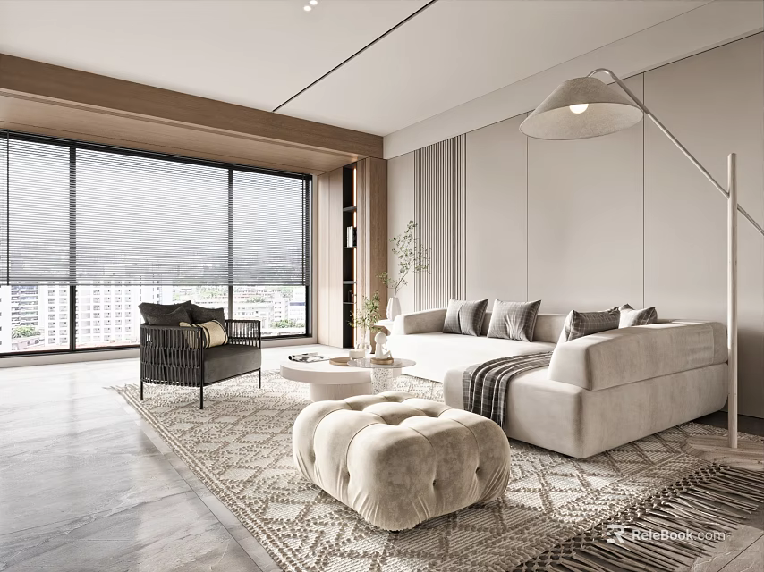 Modern Minimalist Living Room With Large Windows City View Beige Sofa And Dark Accent Chair 3d model 
