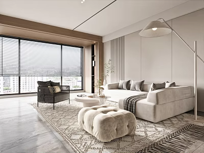 Modern Minimalist Living Room With Large Windows City View Beige Sofa And Dark Accent Chair 3d model