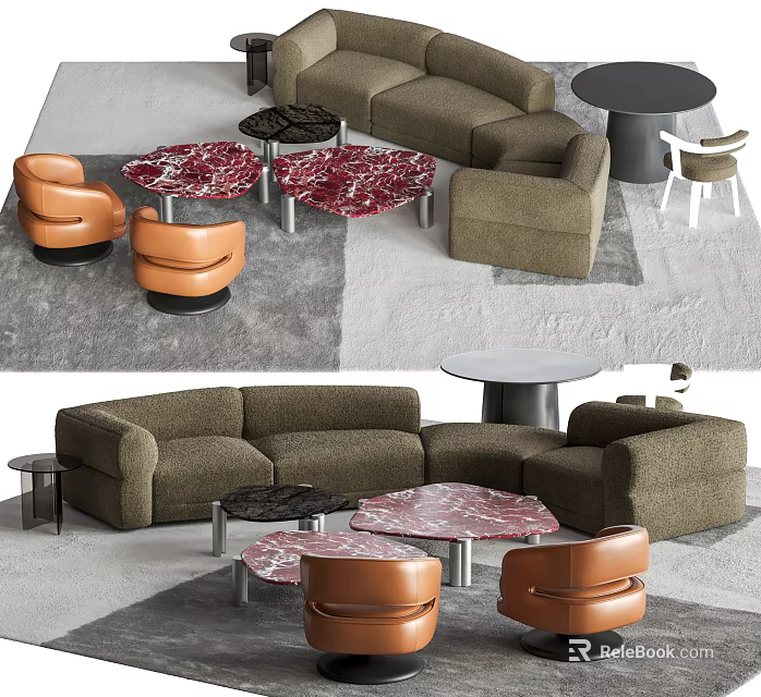 Modern Sectional Sofa Coffee Table Set With Marble Tops And Orange Accent Chairs 3d model 