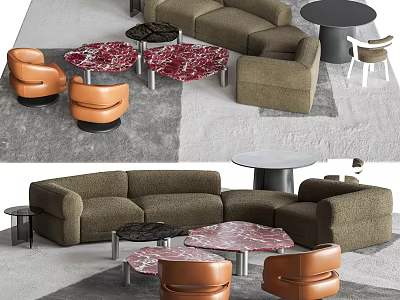 Modern Sectional Sofa Coffee Table Set With Marble Tops And Orange Accent Chairs 3d model