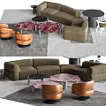 Modern Sectional Sofa Coffee Table Set With Marble Tops And Orange Accent Chairs
