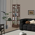 Modern Wooden Bookcase With Shelves And Drawer In Living Room Interior With Sofa And Plant