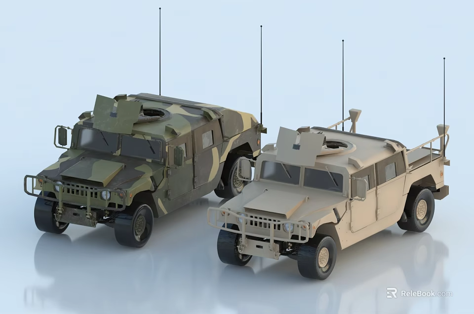 Functional Military Off Road Vehicles with Multiple Antennas in Camouflage and Sand Colors 3d model 