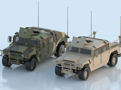 Functional Military Off Road Vehicles with Multiple Antennas in Camouflage and Sand Colors 3d model