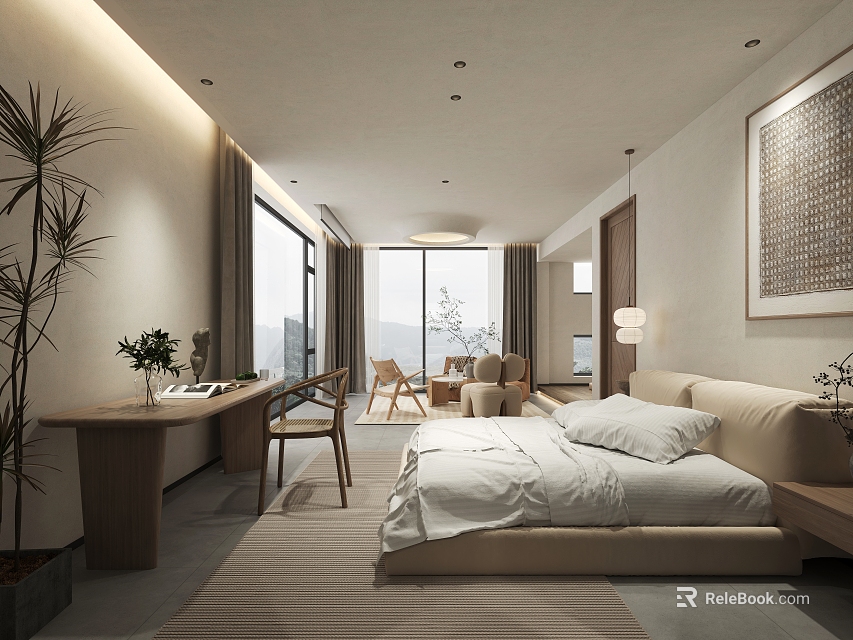 Modern Hotel Guest Room Featuring Comfortable Bed Writing Desk Large Windows And Potted Plant 3d model 