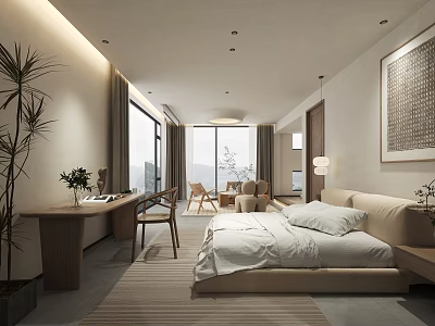 Modern Hotel Guest Room Featuring Comfortable Bed Writing Desk Large Windows And Potted Plant 3d model
