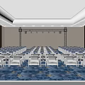 Spacious Conference Hall With Neatly Arranged White Seats Stage Lighting And Blue Patterned Carpet